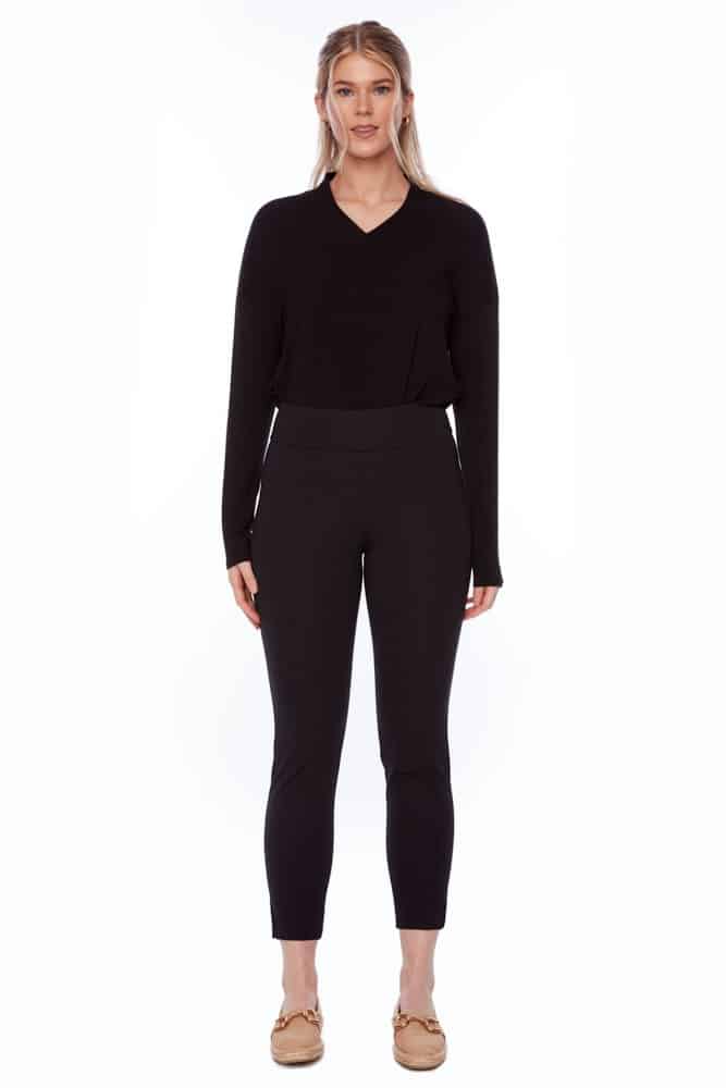 Wrinkle-Free Front Slit Petal Ankle Pants – Silky Soft Travel Knit (Black)