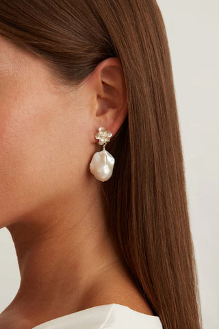 Silver Hibiscus Pearl Drop Earrings