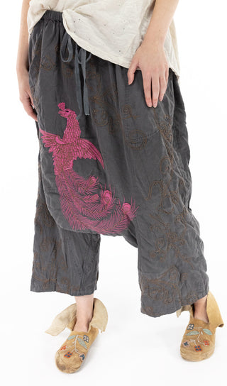 COTTON SATIN AND COTTON SILK DRAGON EMBROIDERED GARCON TROUSERS